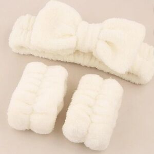 NEW 3pc plush spa Headband and Wristbands Set - ivory